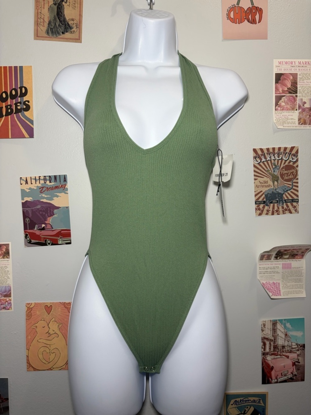 Forever 21 Olive Ribbed Halter Bodysuit